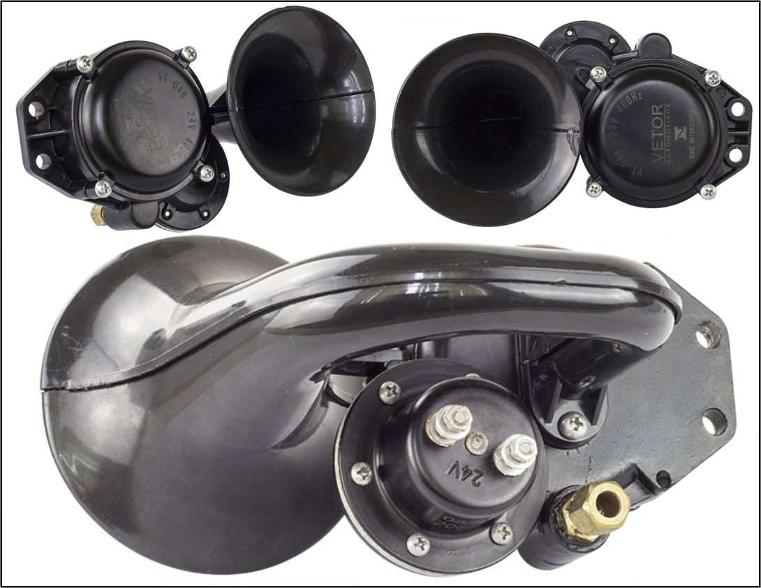 VT048 - BUZINA AR VOLVO FH AXOR SC S4 ORIG C/ SOLENOIDE 24 VTS PRETA ORIGINAL