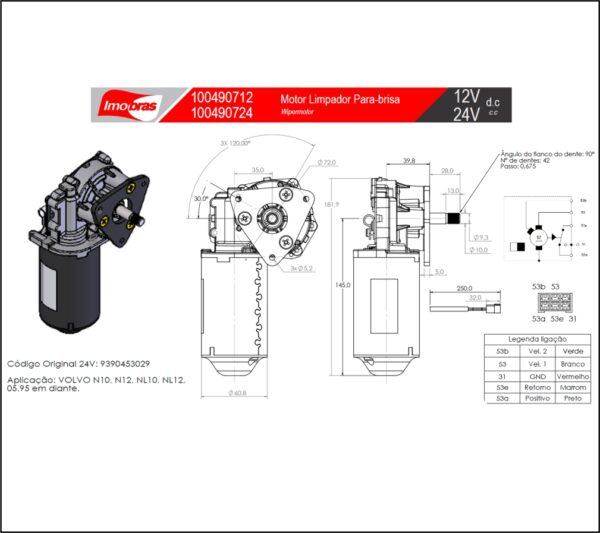 IMB100490724 - MOTOR LIMPADOR P/BRISA VOLVO NL 10 24 VTS